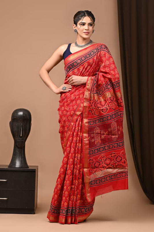 Block Print Maheshwari Cotton Silk Saree