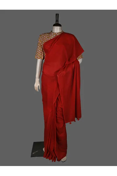 Red Plain Mull Cotton Saree