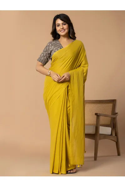 Lime Green Plain Mull Cotton Saree