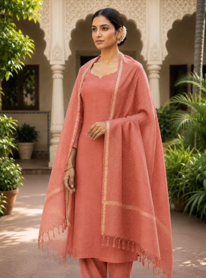  peach kota doria dupatta - Desi Weaves