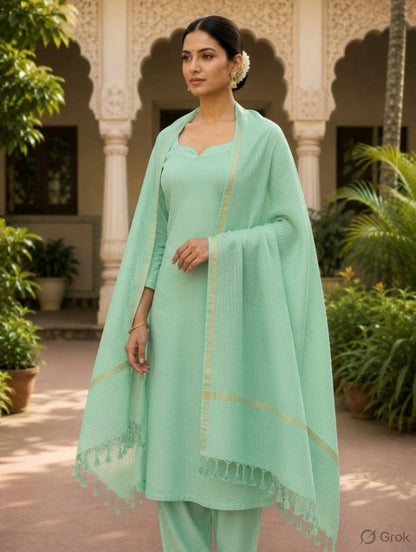 Aqua Green Cotton Kota Doria Zari Border Dupatta