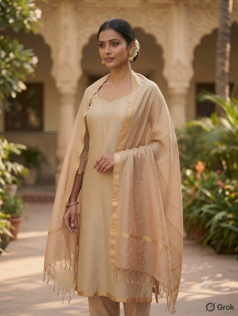  beige kota doria dupatta - Desi Weaves