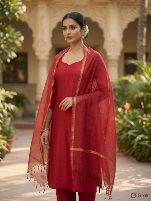 Dark Maroon Cotton Kota Doria Zari Border Dupatta