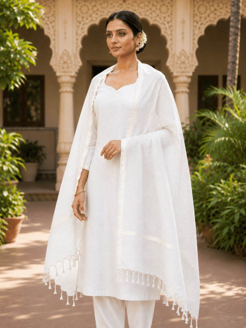White Zari Border Cotton Kota Doria Dupatta