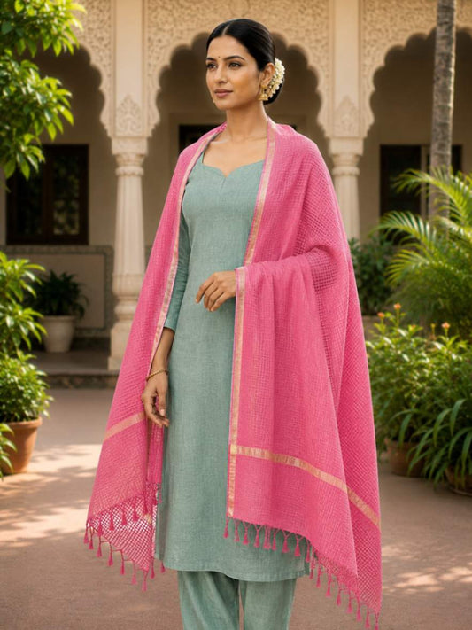 Dark Pink Cotton Kota Doria Zari Border Dupatta
