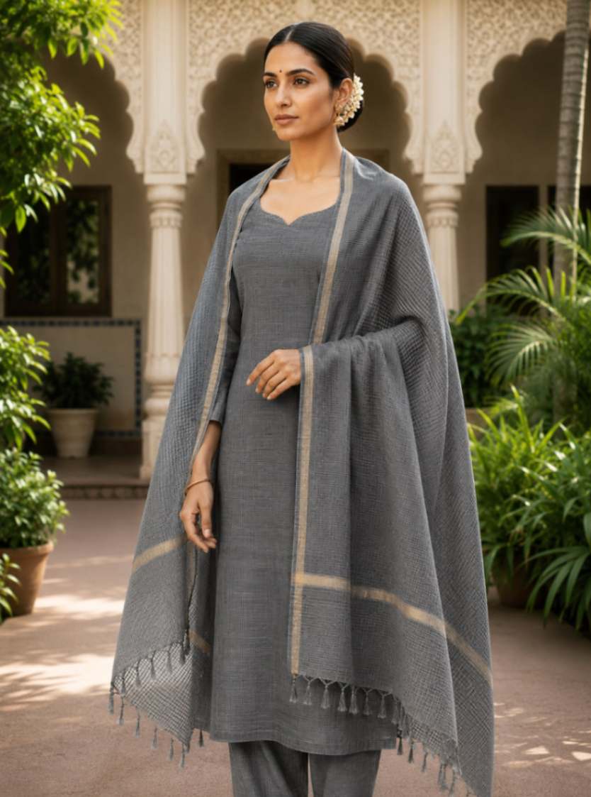 grey kota doria dupatta - Desi Weaves