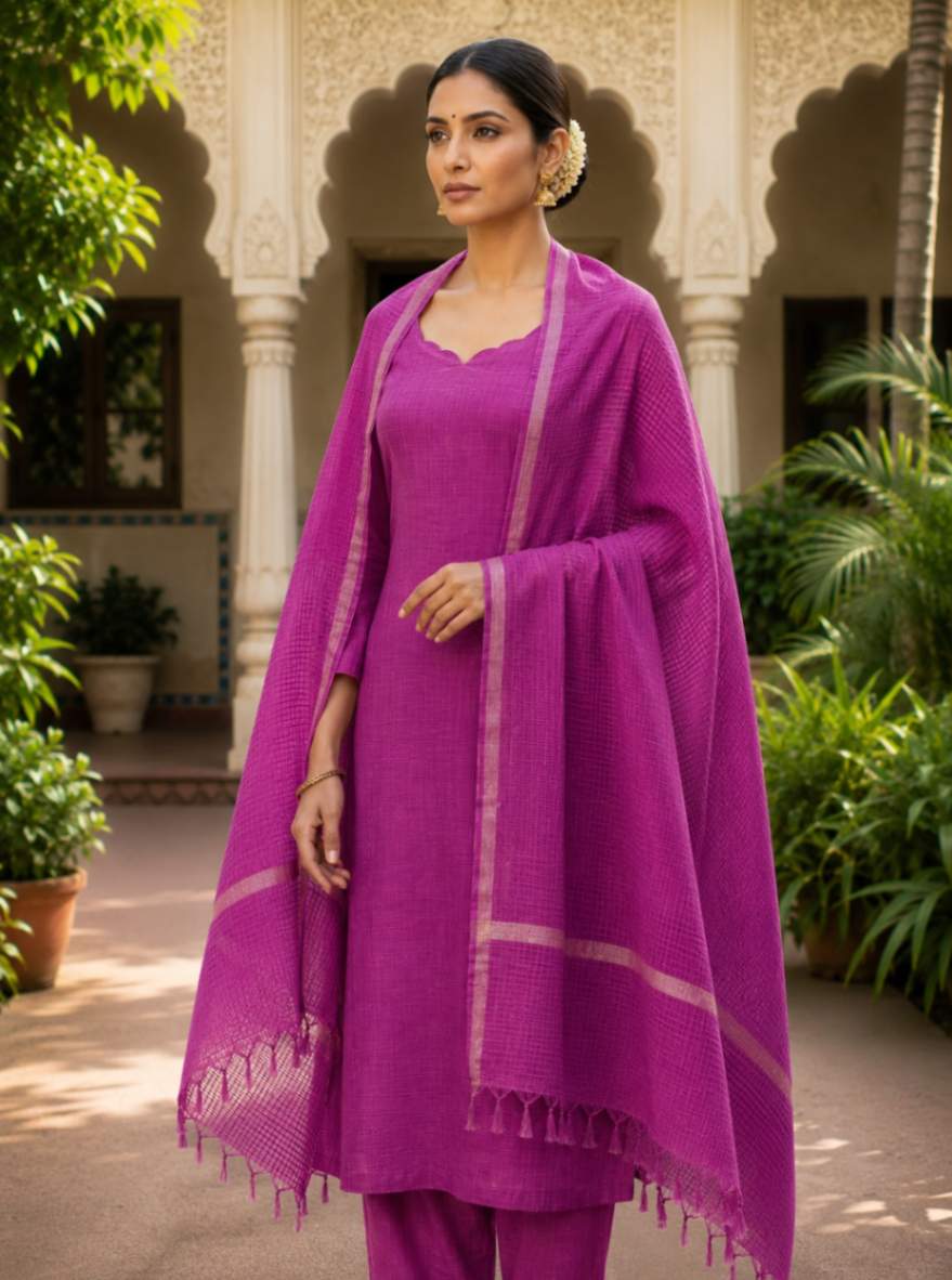 Magenta kota doria dupatta - Desi Weaves