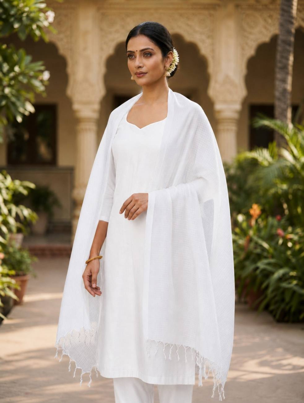 white  kota doria dupatta - desi weaves