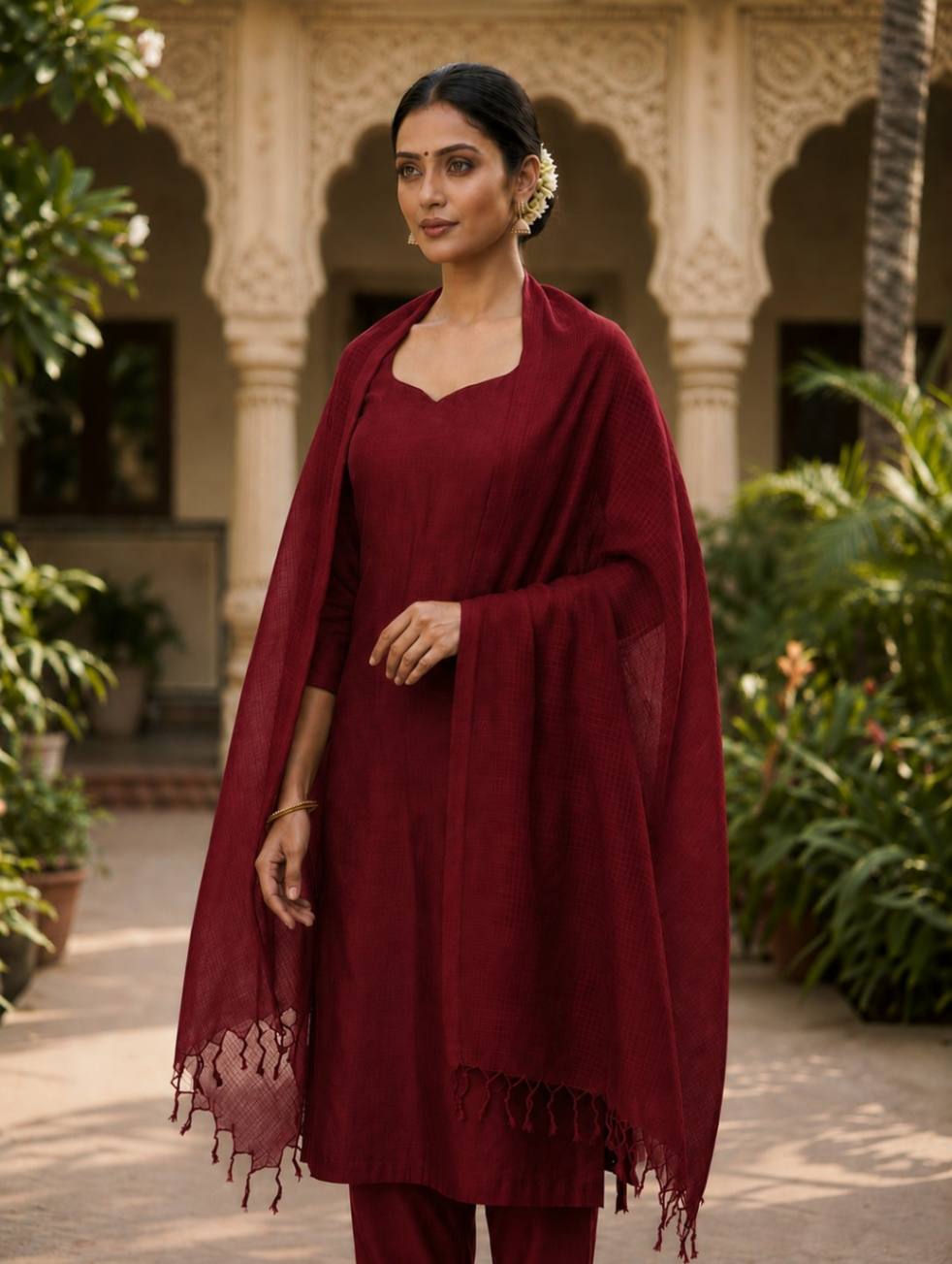 maroon kota doria dupatta - desi weaves