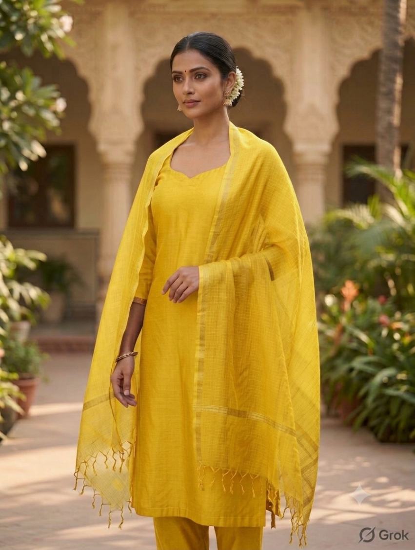  yellow kota doria dupatta - Desi Weaves