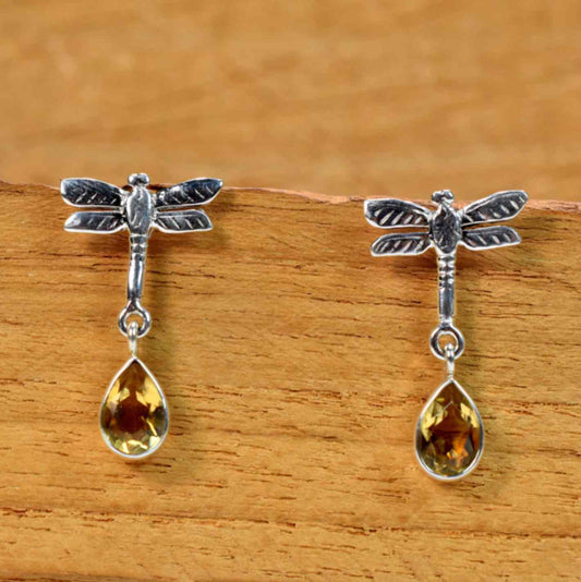 Dragonfly-shaped earrings with amber drops