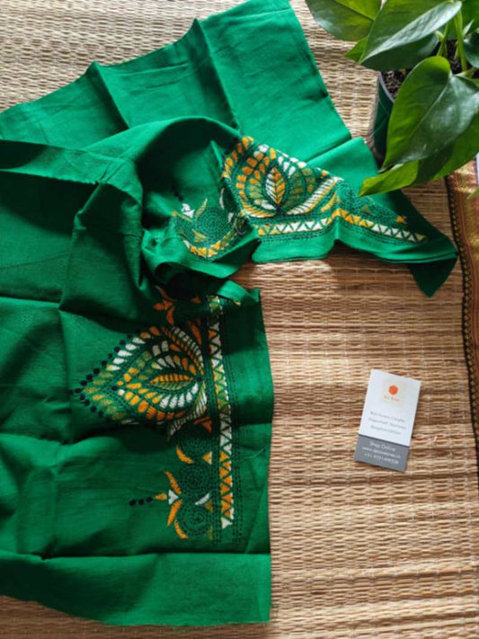 Green Kantha stitch cotton blouse - Desi Weaves