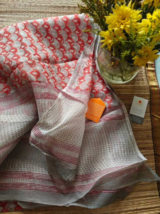 grey block print kota doria dupatta - desi weaves