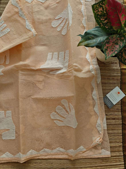 peach Applique Stitch Cotton Dupatta