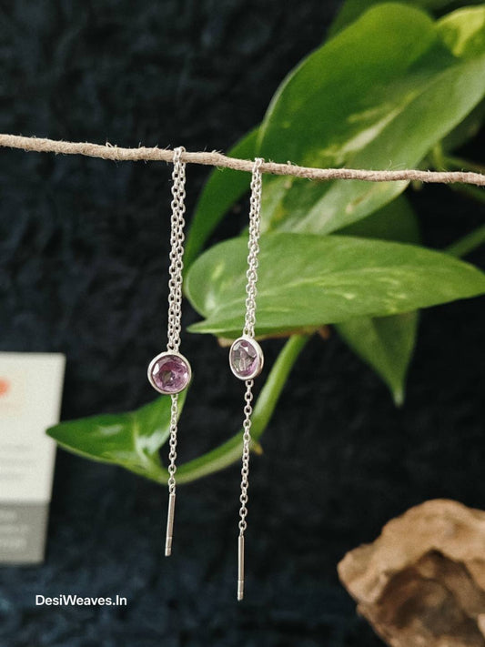 Silver threader earrings with pink gemstones