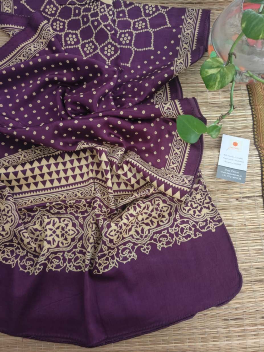 Purple ajrakh printed mashru silk stole
