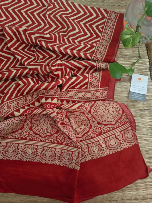 Maroon printed ajrakh mashru silk stole