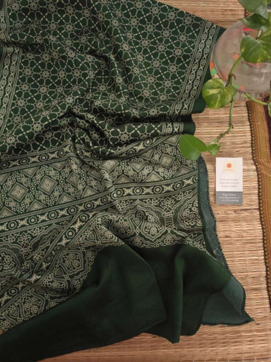 Green ajrakh printed mashru silk stole