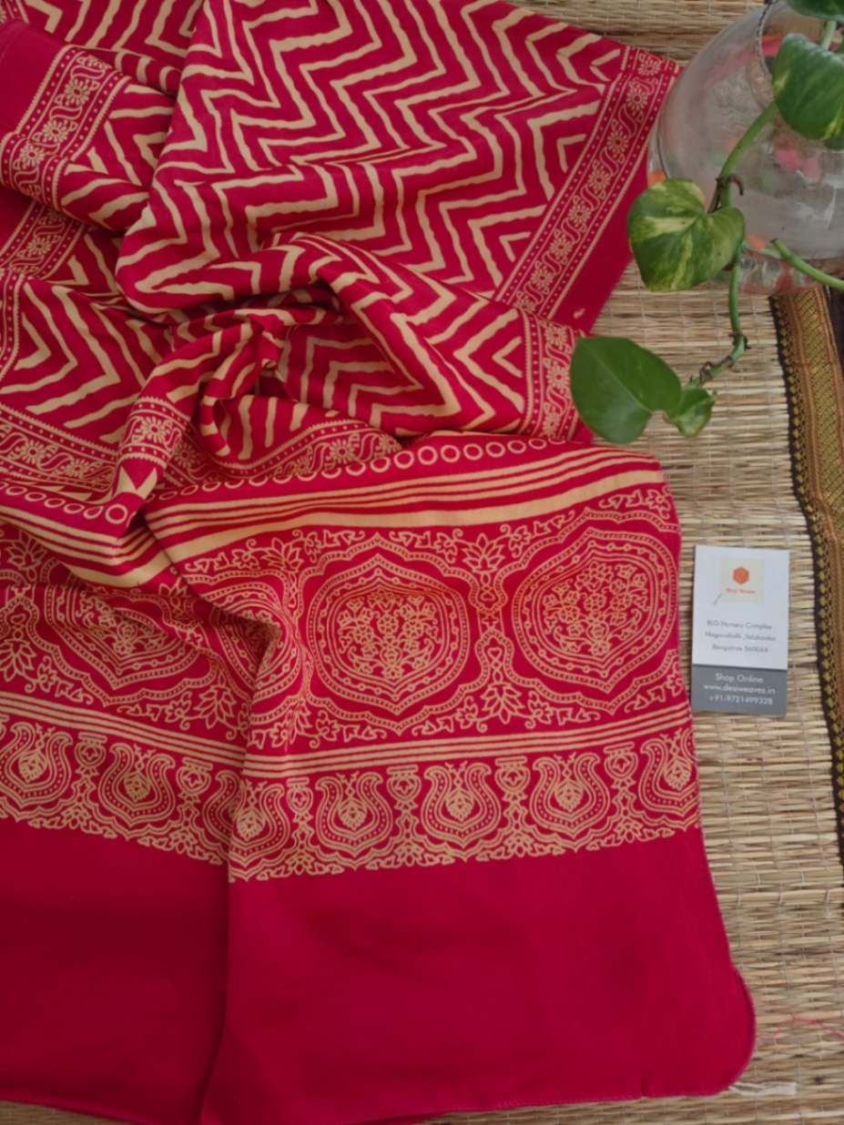 Red handmade ajrakh mashru silk stole