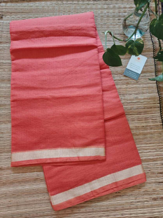 Carrot Pink Cotton Kota Doria Saree - 1 Inch Border