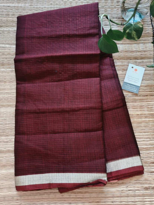 Dark Maroon Cotton Kota Doria Saree - 1 Inch Border