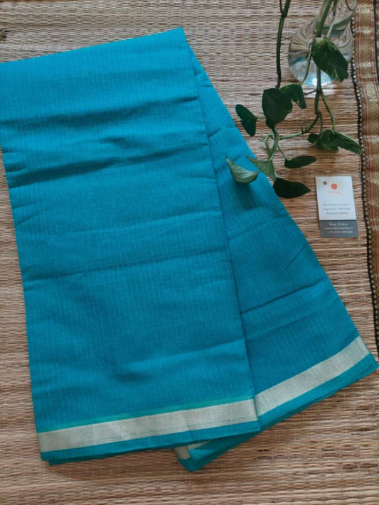 Blue Color Cotton Kota Doria Saree - - 1 Inch Border