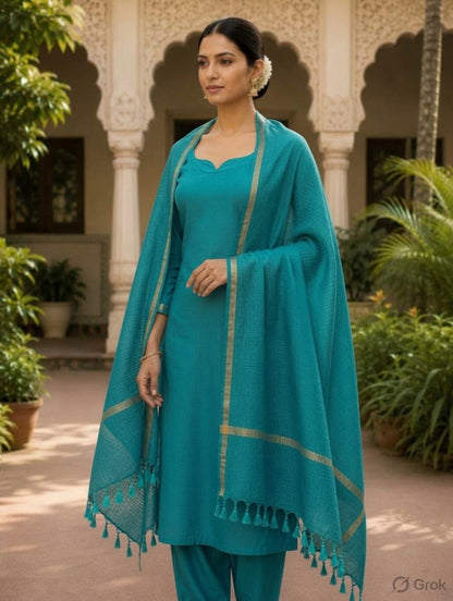 Turquoise Zari Border Kota Doria Dupatta