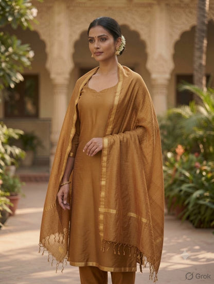 mustard kota doria dupatta - Desi Weaves