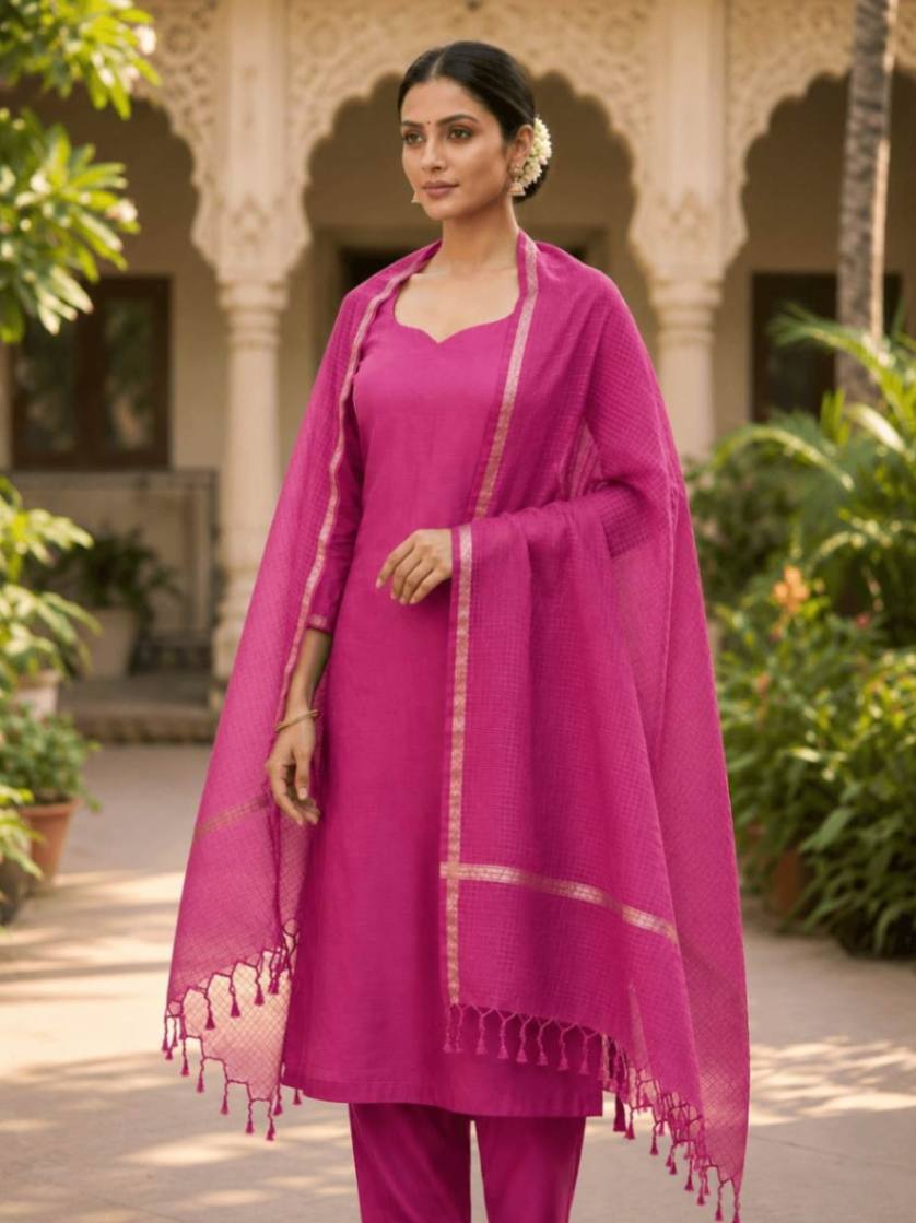  pink kota doria dupatta - Desi Weaves