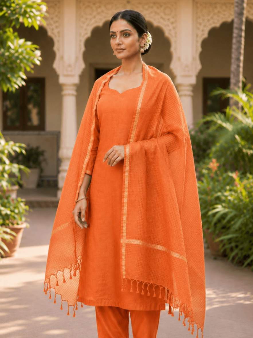 orange kota doria dupatta - Desi Weaves