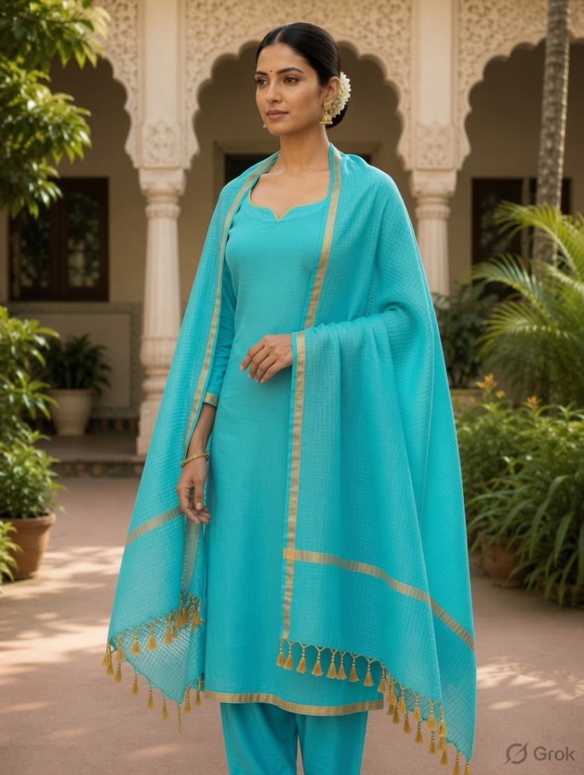 blue kota doria dupatta - Desi Weaves