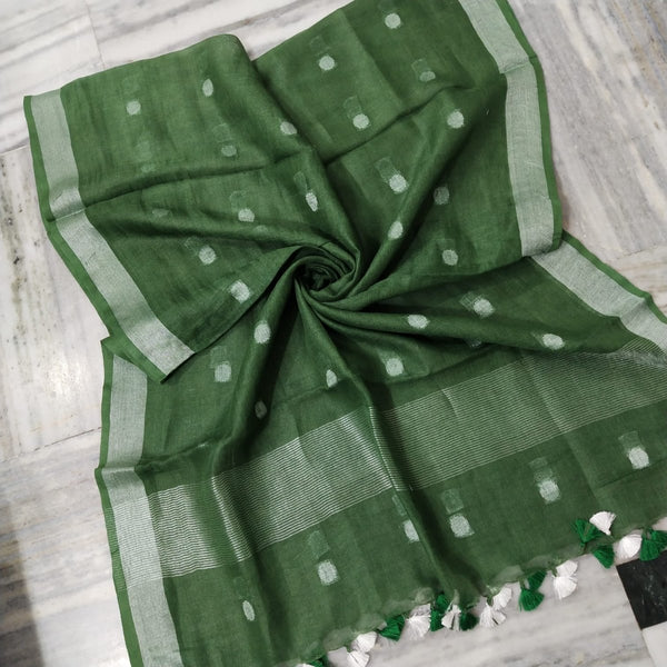 Polka Green  Pure Linen  Dupatta