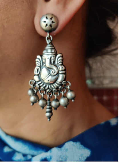 Ganesha handcrafted pure silver earrings - Desi Weaves