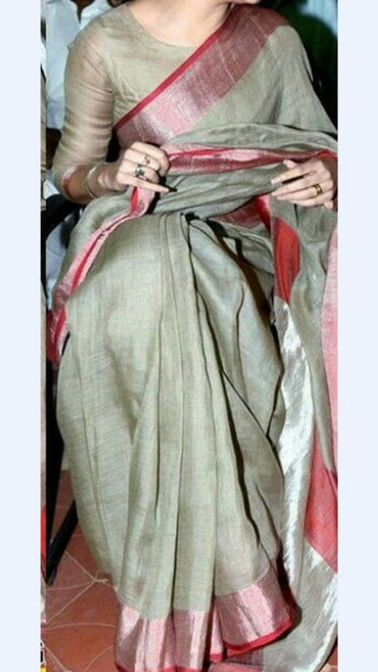 Moss grey handwoven pure linen saree with blouse - Desi Weave