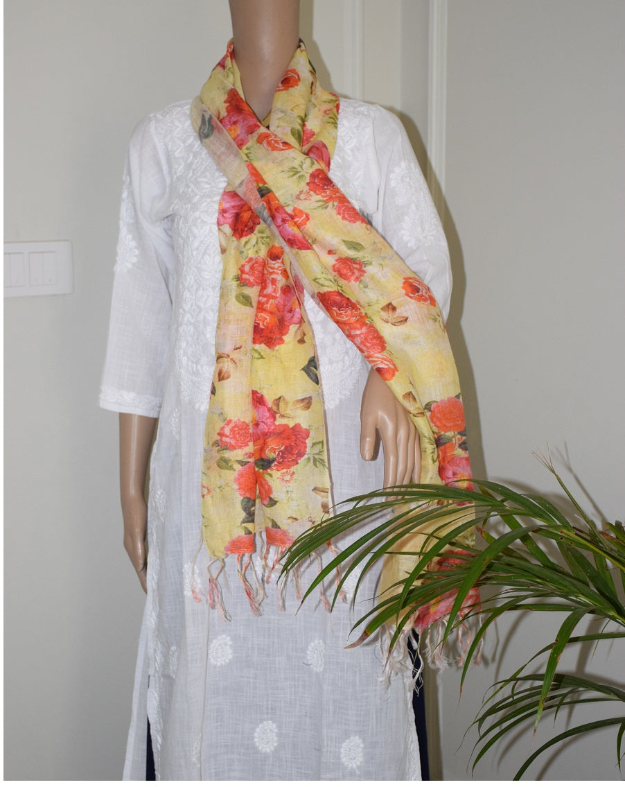 Cream yellow digital printed pure linen stole - Desi Weaves