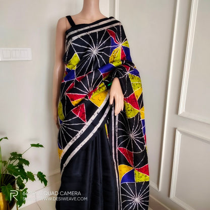 Black hand painted silk saree- Desi Weave