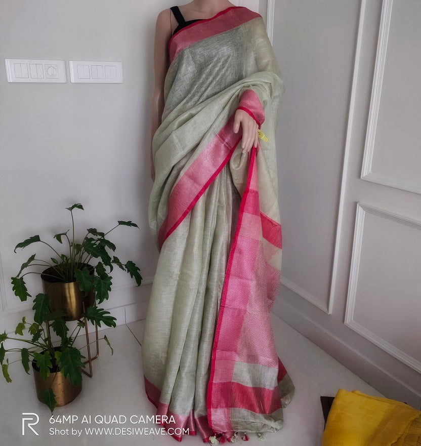 Faded grey handwoven pure linen saree with blouse - Desi Weave