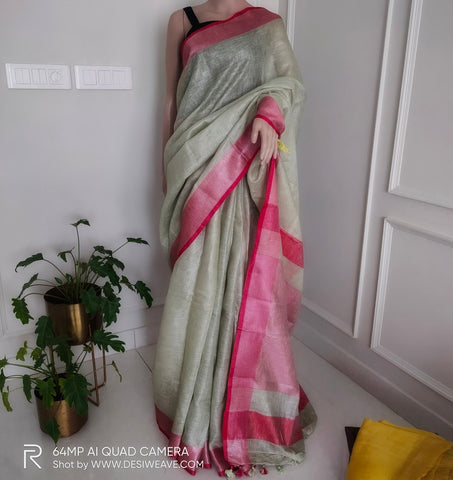 Faded grey handwoven pure linen saree with blouse - Desi Weave