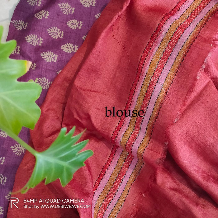 Purple Hand embroidered tussar silk kantha work saree - Desi Weave