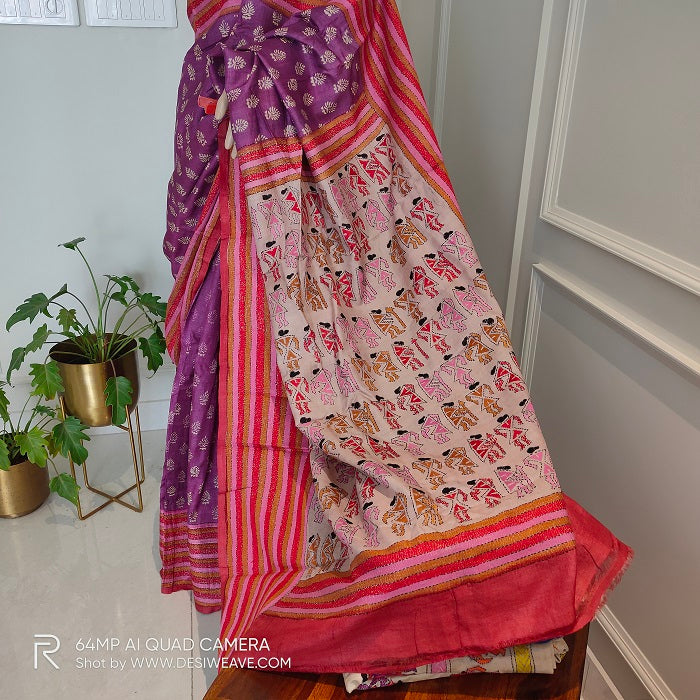 Purple Hand embroidered tussar silk kantha work saree - Desi Weave