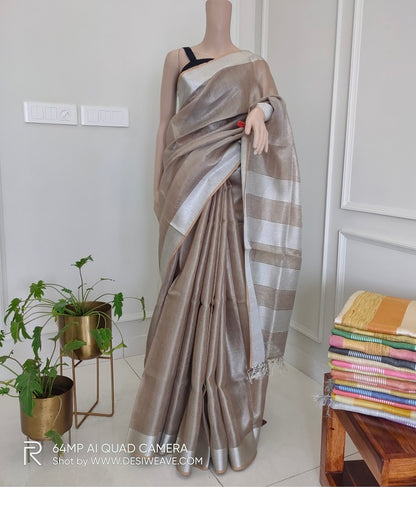 Taupe handloom metallic tissue linen saree with blouse - Desi Weave