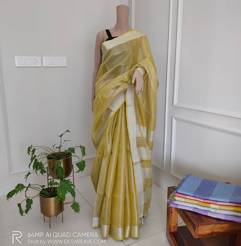 Golden Yellow metallic tissue linen saree with blouse - Desi Weave
