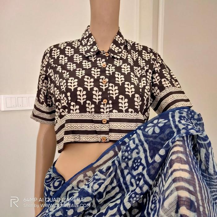 Black handblock printed cotton blouse - Desi Weave