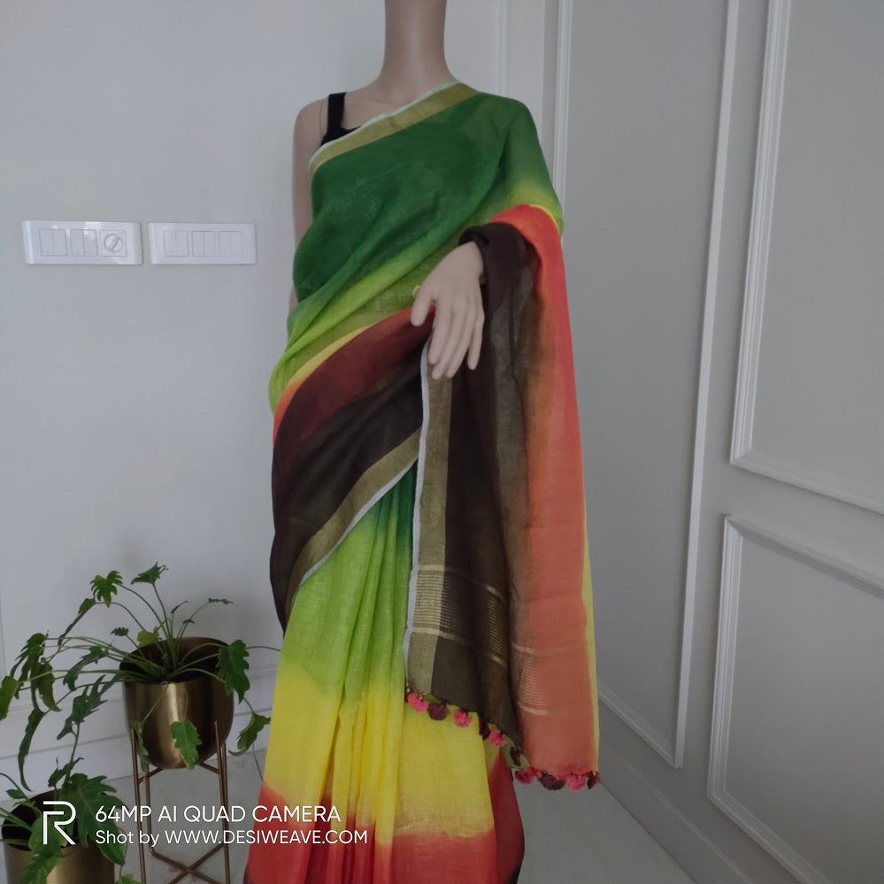 Multicolor Handwoven pure linen saree with blouse - Desi Weave