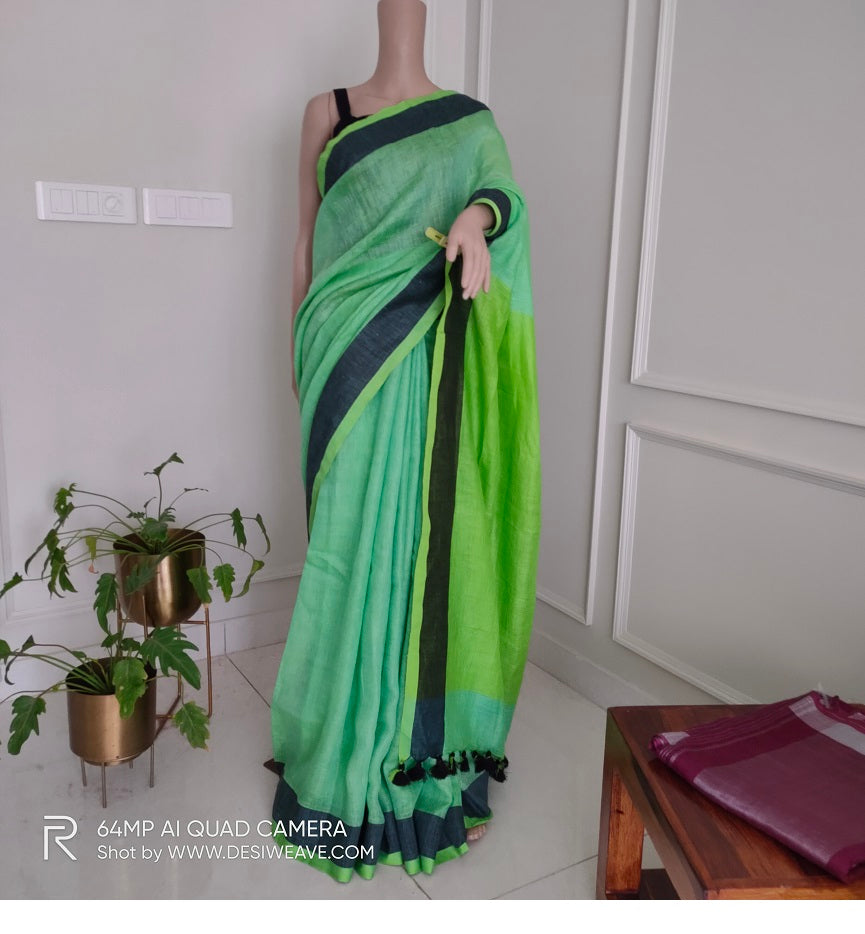 Green apple handwoven pure linen saree with blouse - Desi Weave