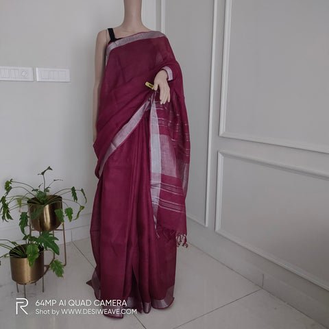 Maroon handwoven pure linen saree with blouse - Desi Weave