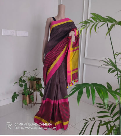 Cocoa jacquard woven pure linen saree with blouse - Desi Weave