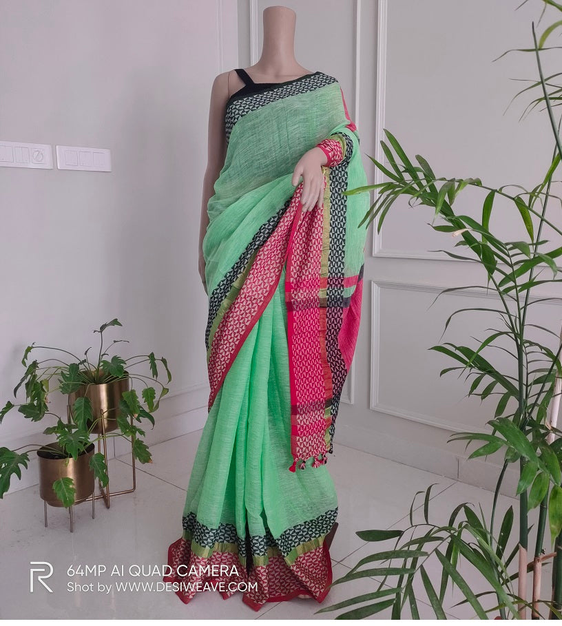 Green Apple naksha linen saree with woven border - Desi Weave