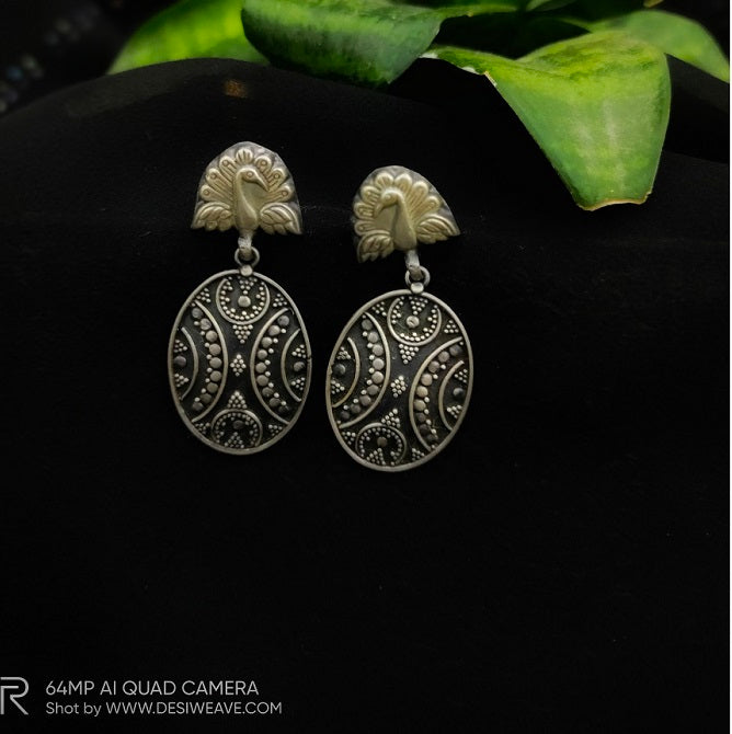 Peacock handcrafted pure silver earrings - Desi Weaves