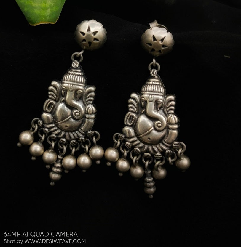 Ganesha handcrafted pure silver earrings - Desi Weaves